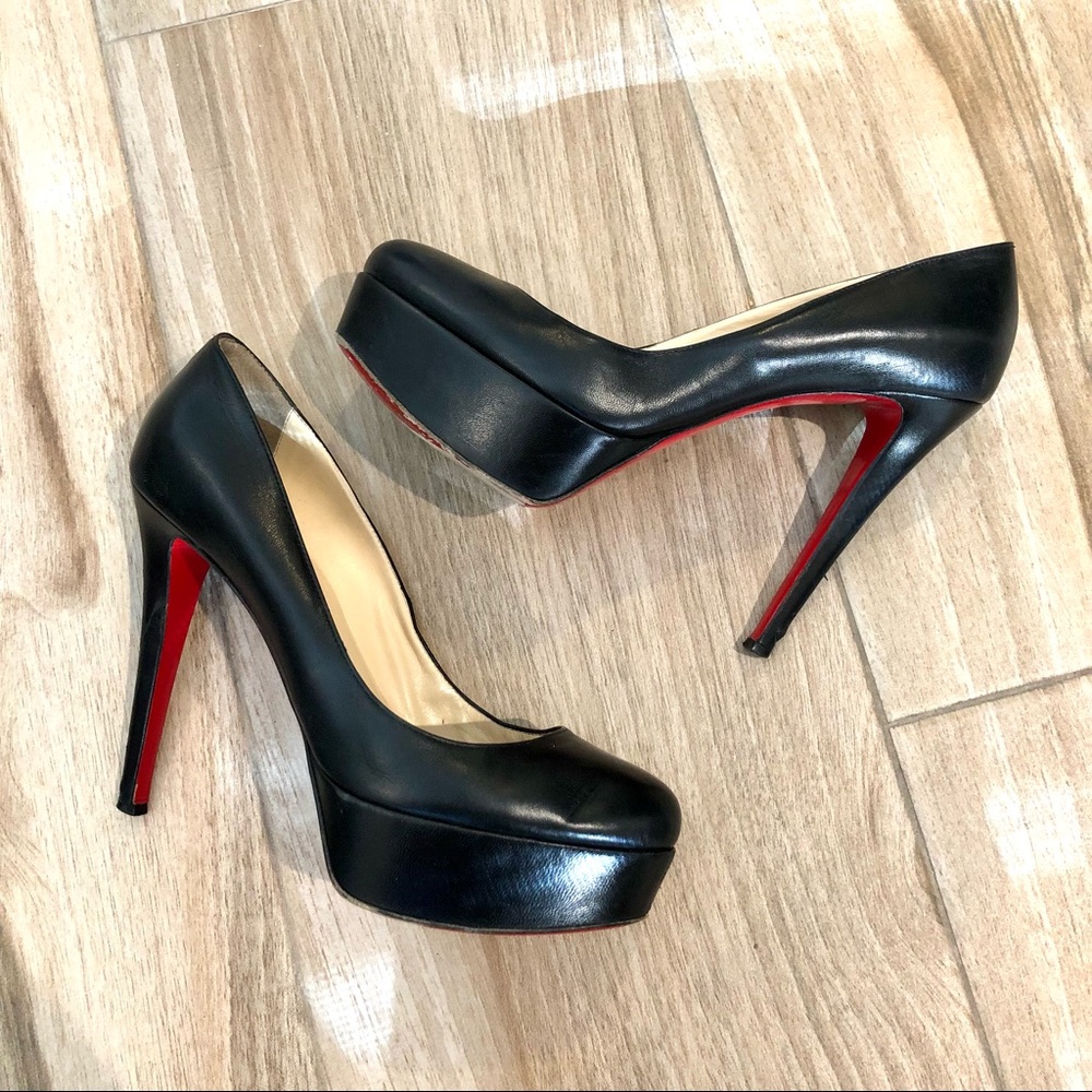 CHRISTIAN LOUBOUTIN Black Leather Pumps Round Toe Stiletto Heels with Platform